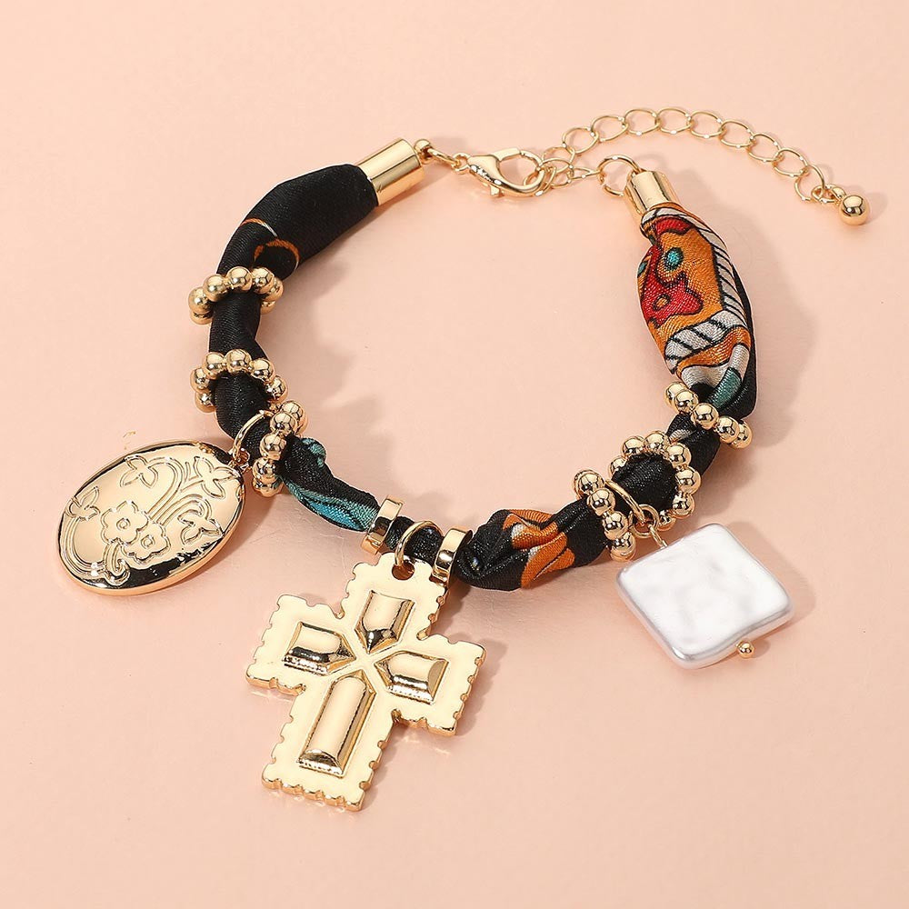 Gold Charm Bracelet Black Multicolor Fabric Cross Pearl Floral Boho Adjustable