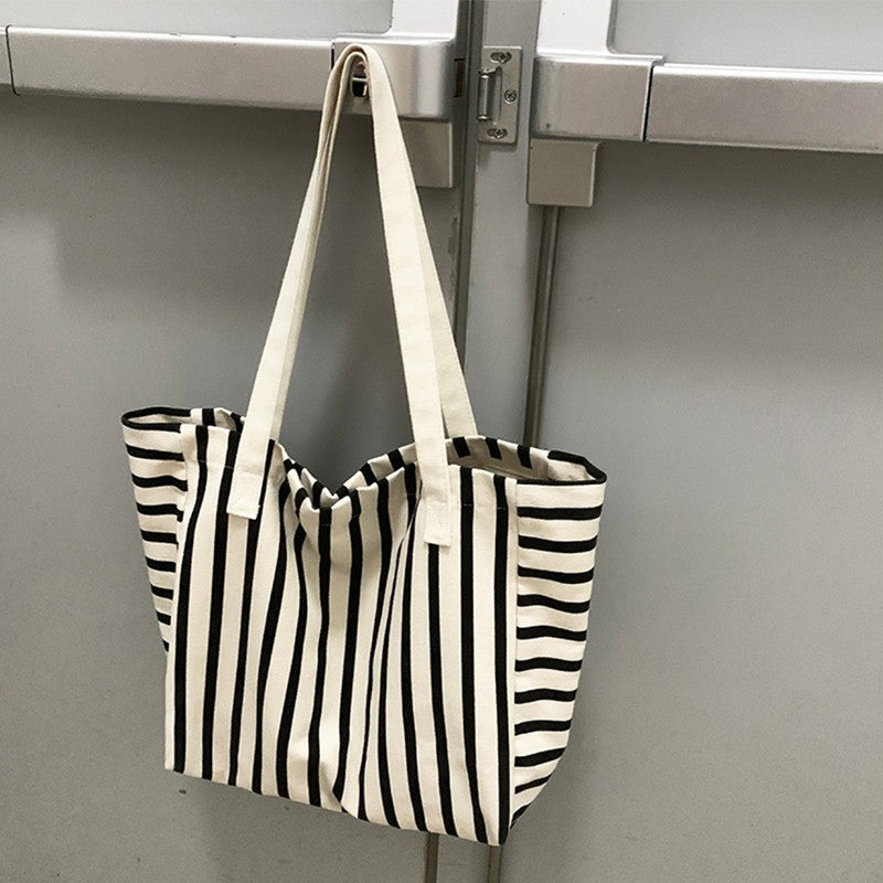 Large Canvas Tote Bag Striped Black White Shoulder Handbag Cotton Beach Shopper