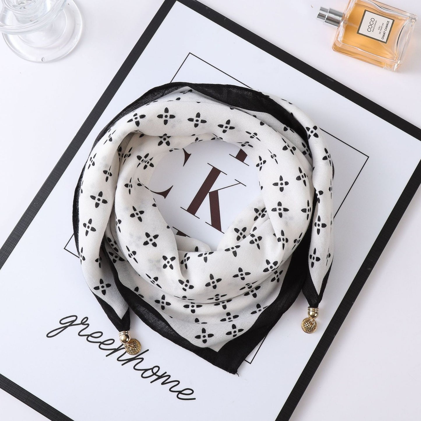 Black White Clover Print Neckerchief Bandana Scarf Gold Charms