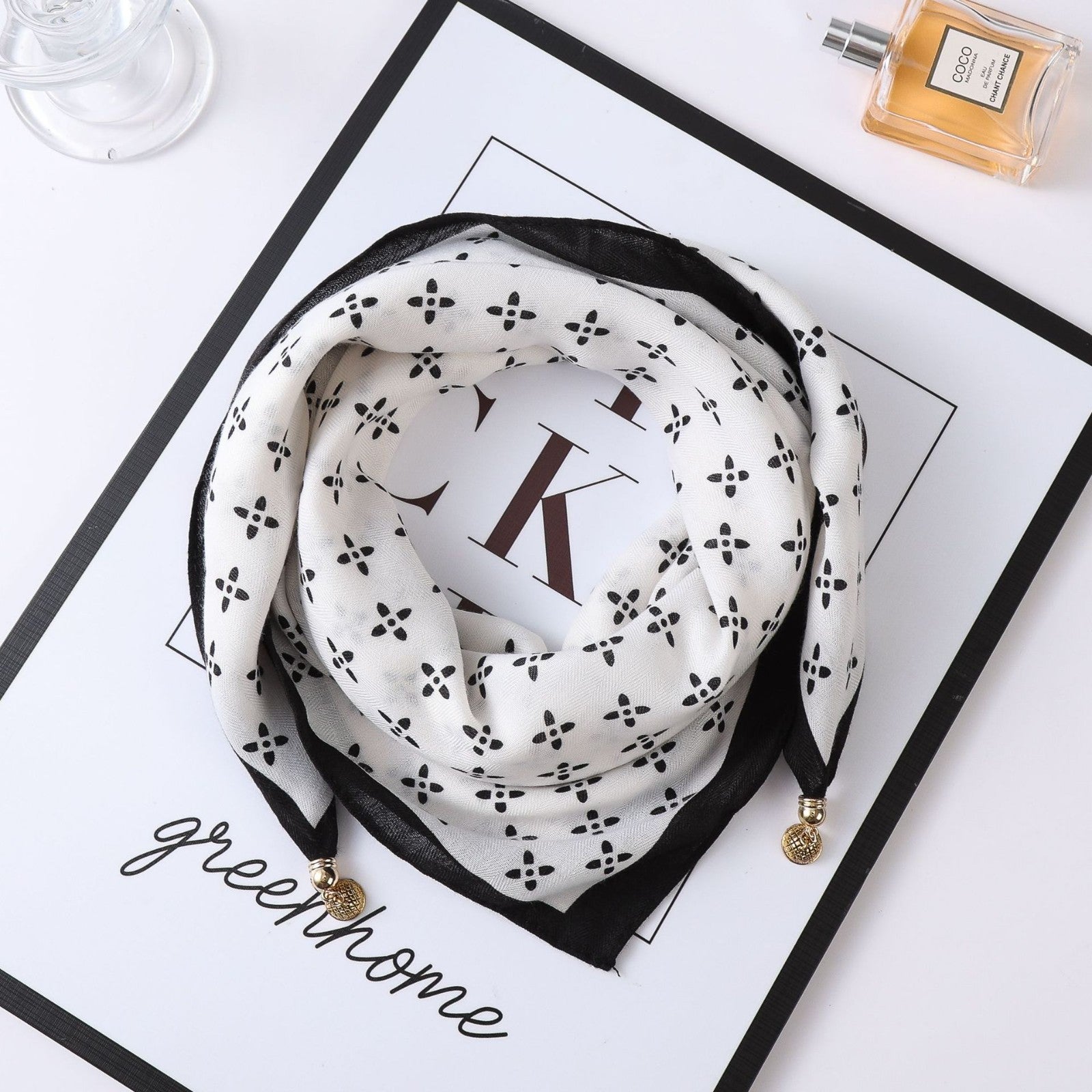 Black White Clover Print Neckerchief Bandana Scarf Gold Charms