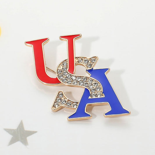USA Patriotic Brooch Red White Blue Rhinestone Enamel Pin Gold-Tone 2" x 2"