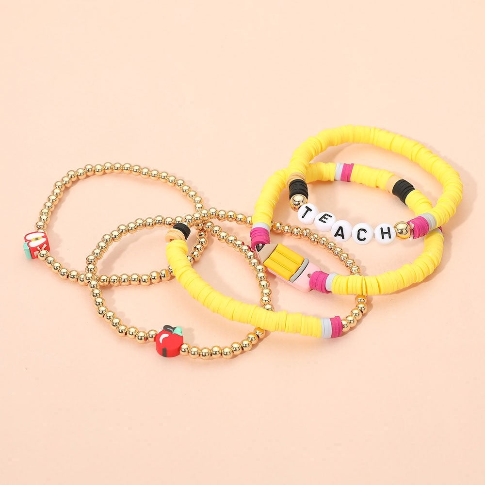 Teacher Appreciation 5pc Bracelet Set - Yellow Pencil & Apple Stack Jewelry