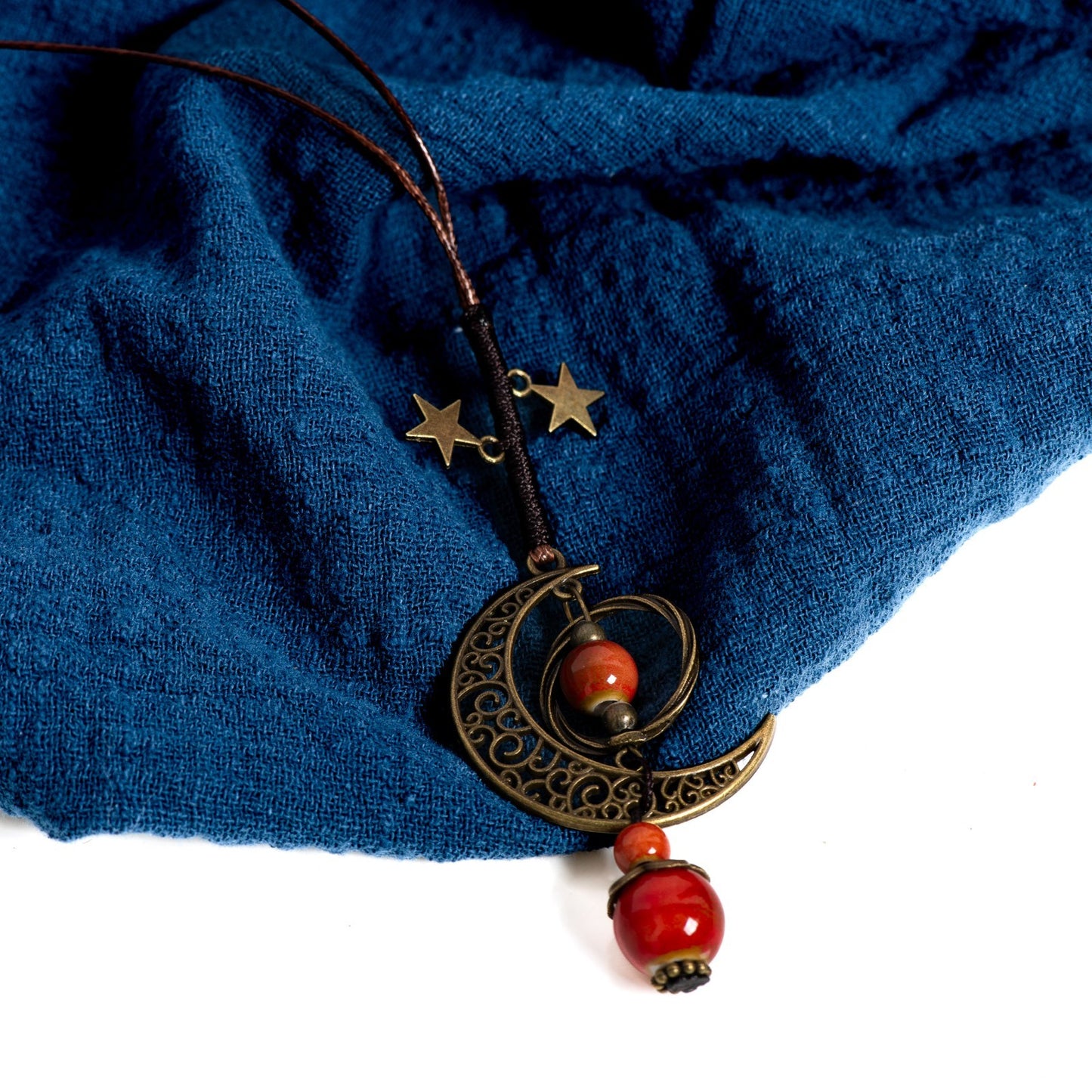 2PC Set: Boho Moon Star Ceramic Bead Long Necklace Adjustable Red & Blue Bronze