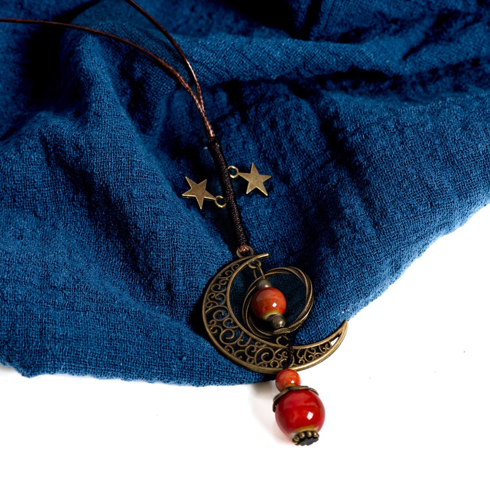 2PC Set: Boho Moon Star Ceramic Bead Long Necklace Adjustable Red & Blue Bronze