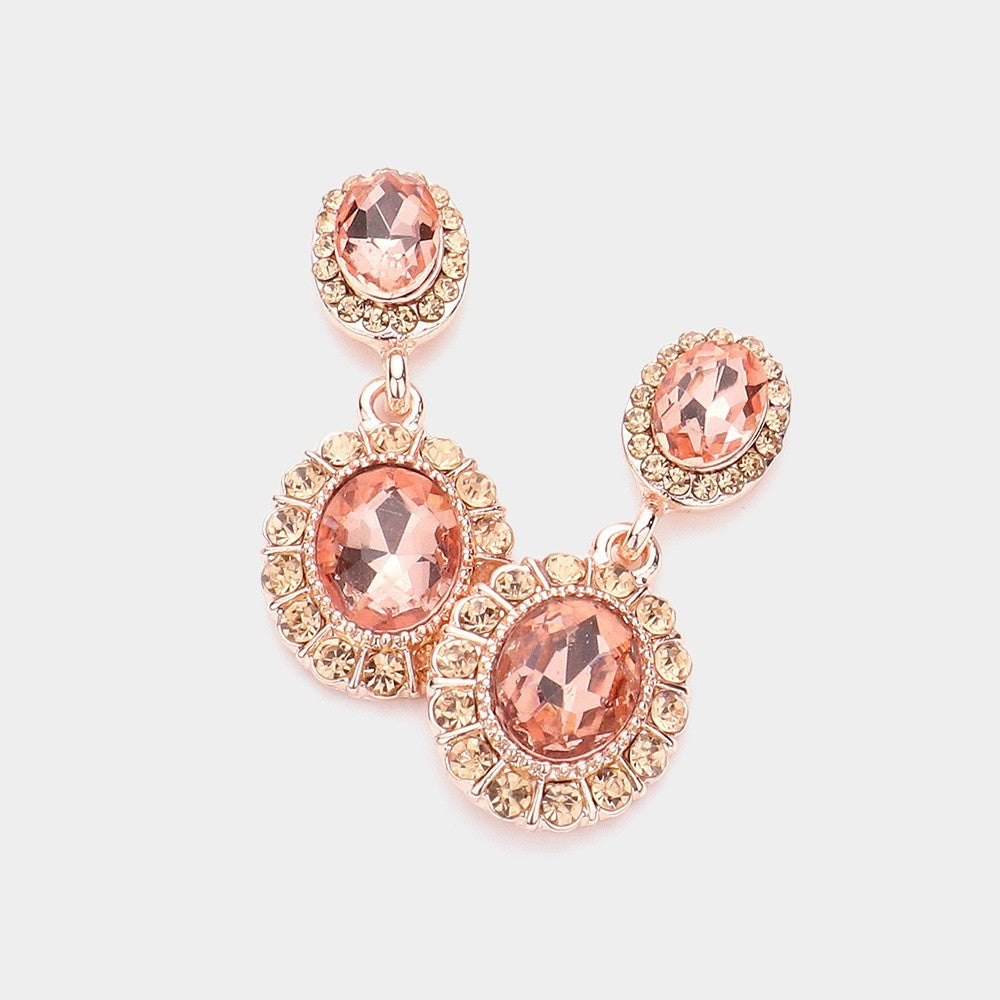 2Pcs Statement Crystal Dangle Earrings Rose Gold Peach & Black Gray Drop Set