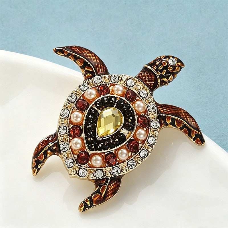 2pcs Sea Turtle Brooch Set Green Brown Enamel Crystal Rhinestone Animal Pin