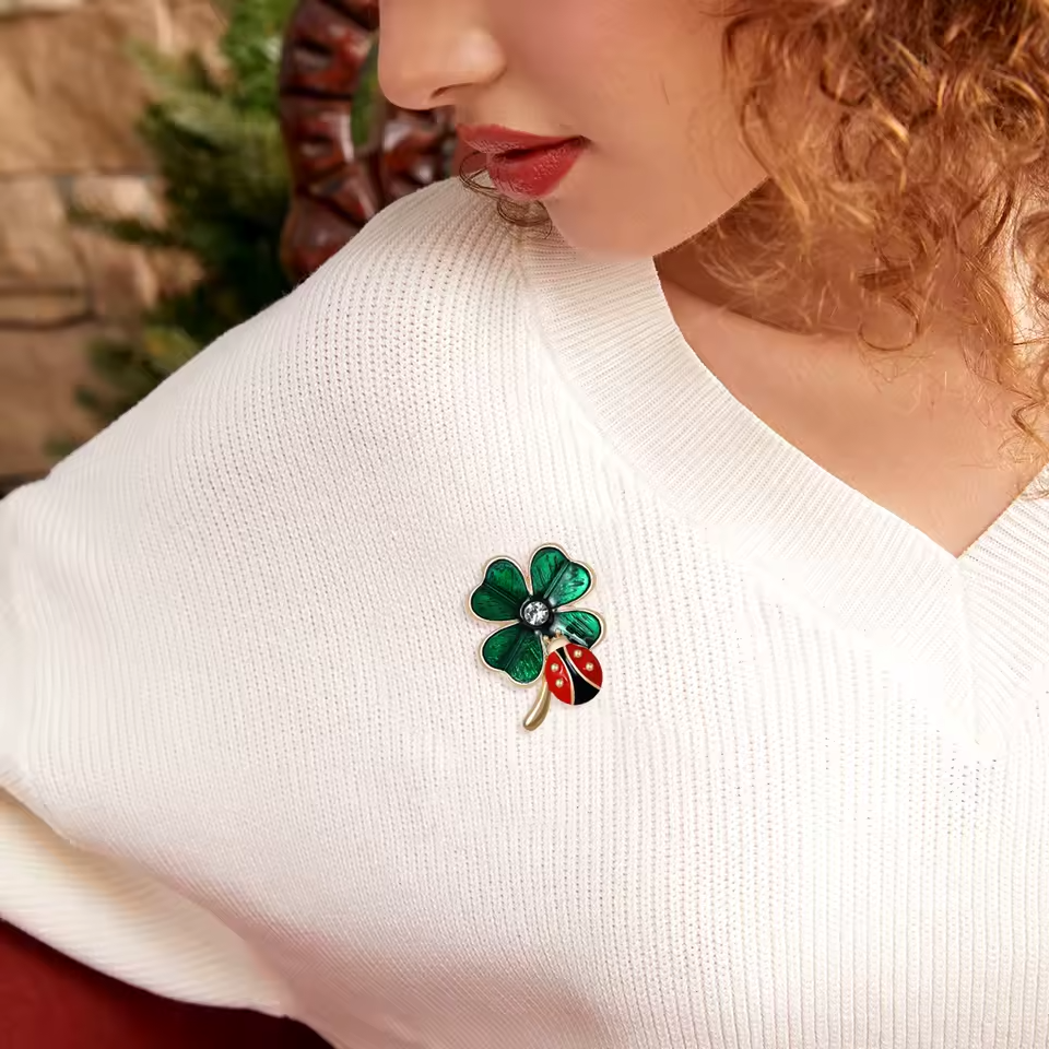 Enamel Ladybug Four Leaf Clover Brooches for Women Banquet Jewellery
