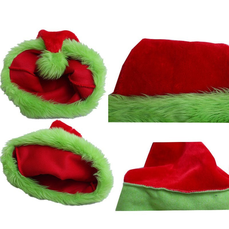 Grinch Santa Hat Red Green Faux Fur Velvet Christmas Costume Holiday Cap New