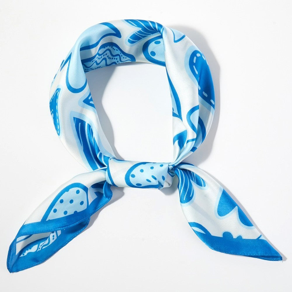 Playful Square Bandana Scarf Polyester Blue and White Heart Pattern Neckerchief