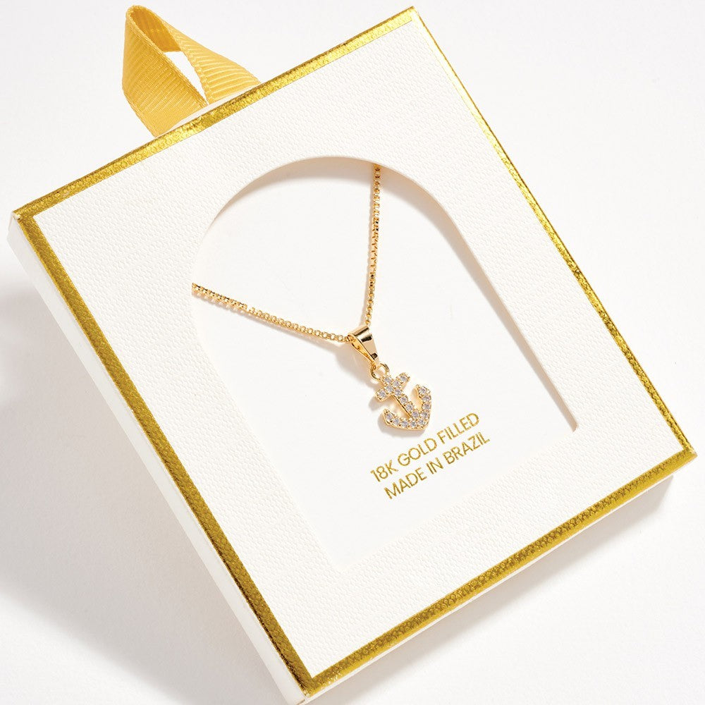 18K Gold Filled CZ Stone Paved Anchor Pendant Nautical Necklace with Box Chain