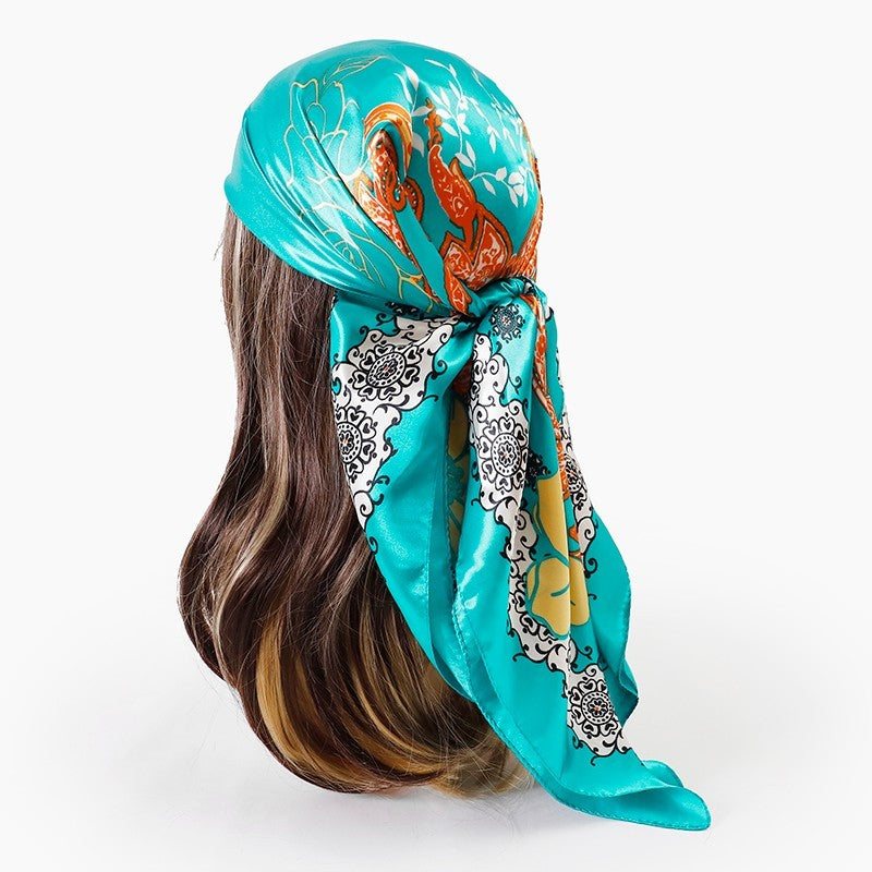 Women's Teal Orange Paisley Floral Satin Square Scarf Head Neck Wrap Bandana