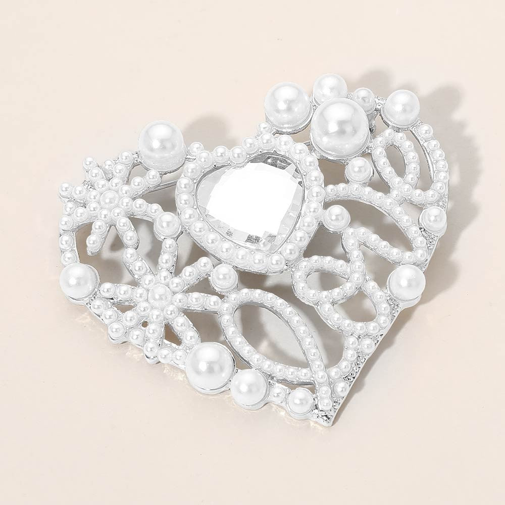 Sparkling Silver Heart Filigree Brooch with Faux Pearl and Crystal Accents