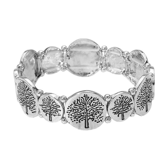 Tree of Life Engraved Disc Stretch Bracelet Antique Gold Tone Spiritual Jewelry