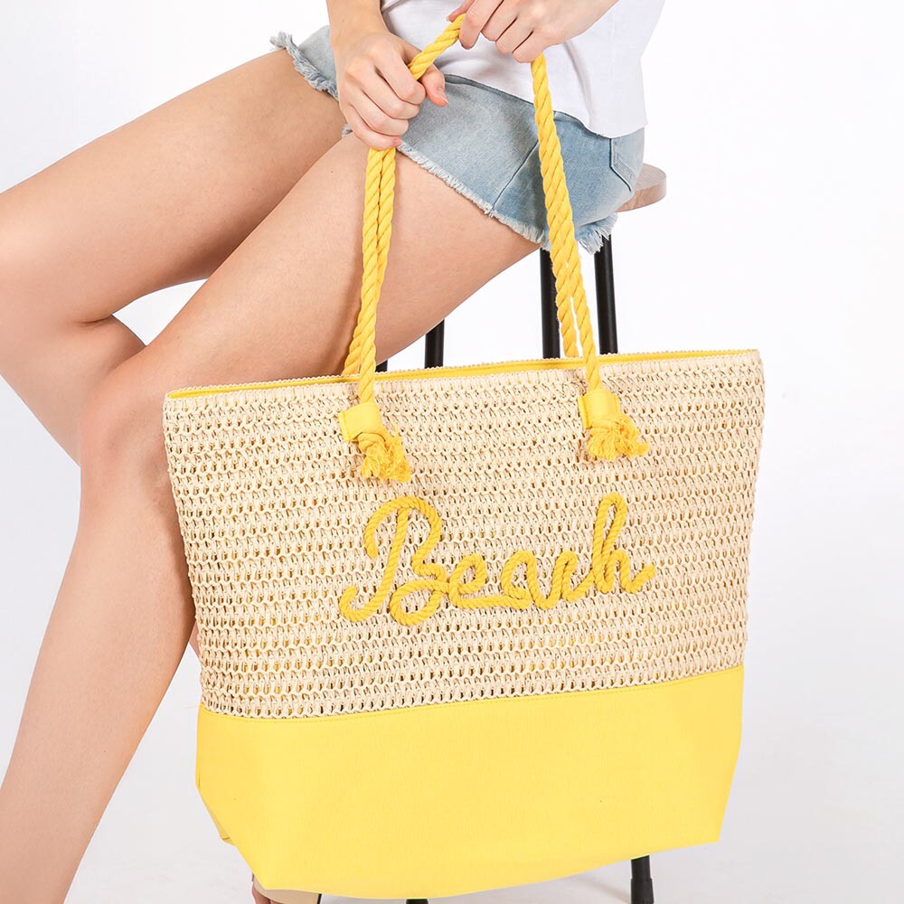 BEACH Embroidered Crochet Tote Bag with Rope Handles Summer Beach Bag Purse