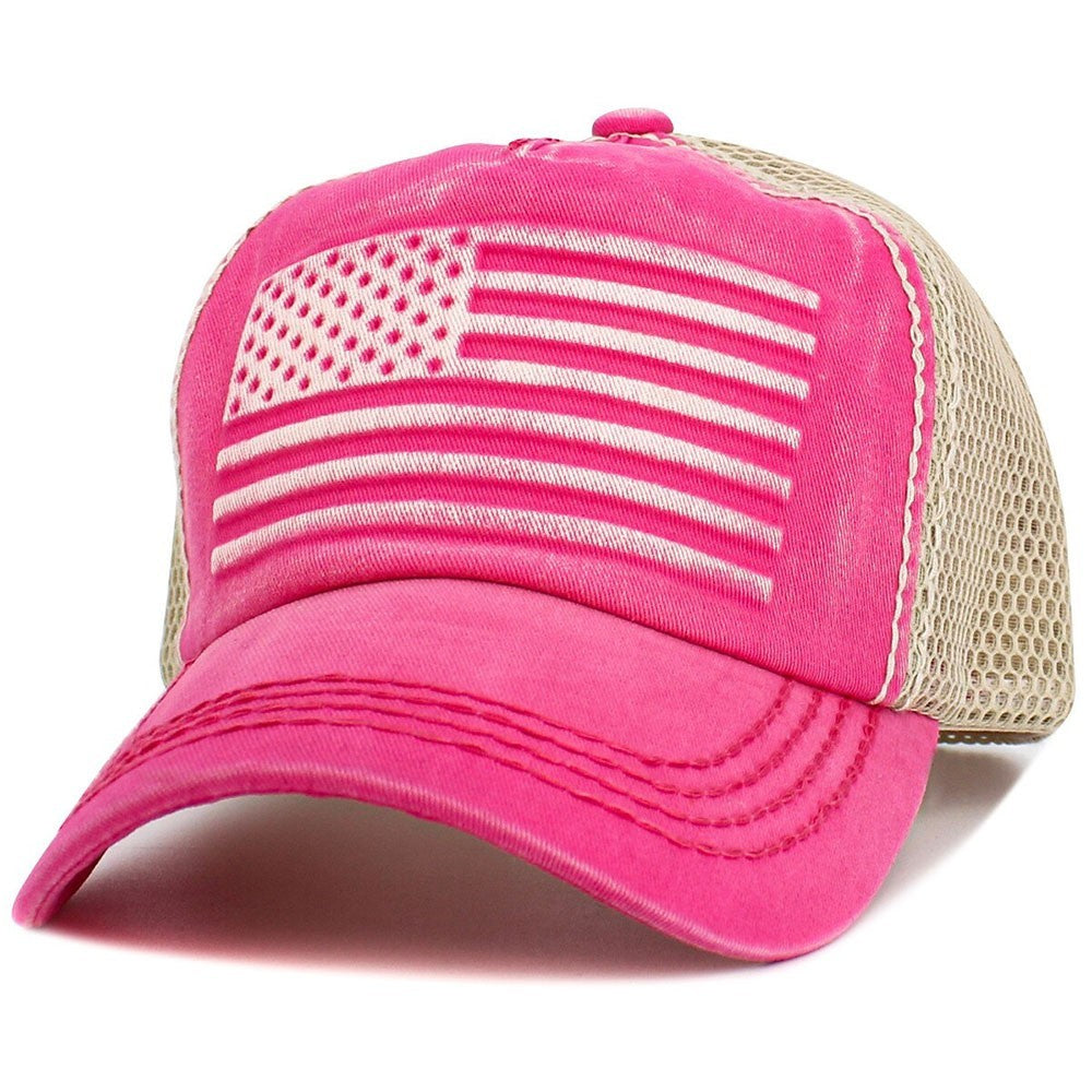Washed Hot Pink American Flag Mesh Trucker Hat Distressed USA Cap for Women