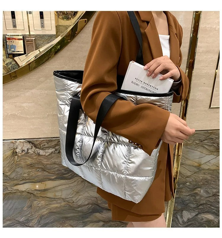 Gray Quilted Puffer Tote Bag Shoulder Handbag Zipper Closure Carryall Purse
