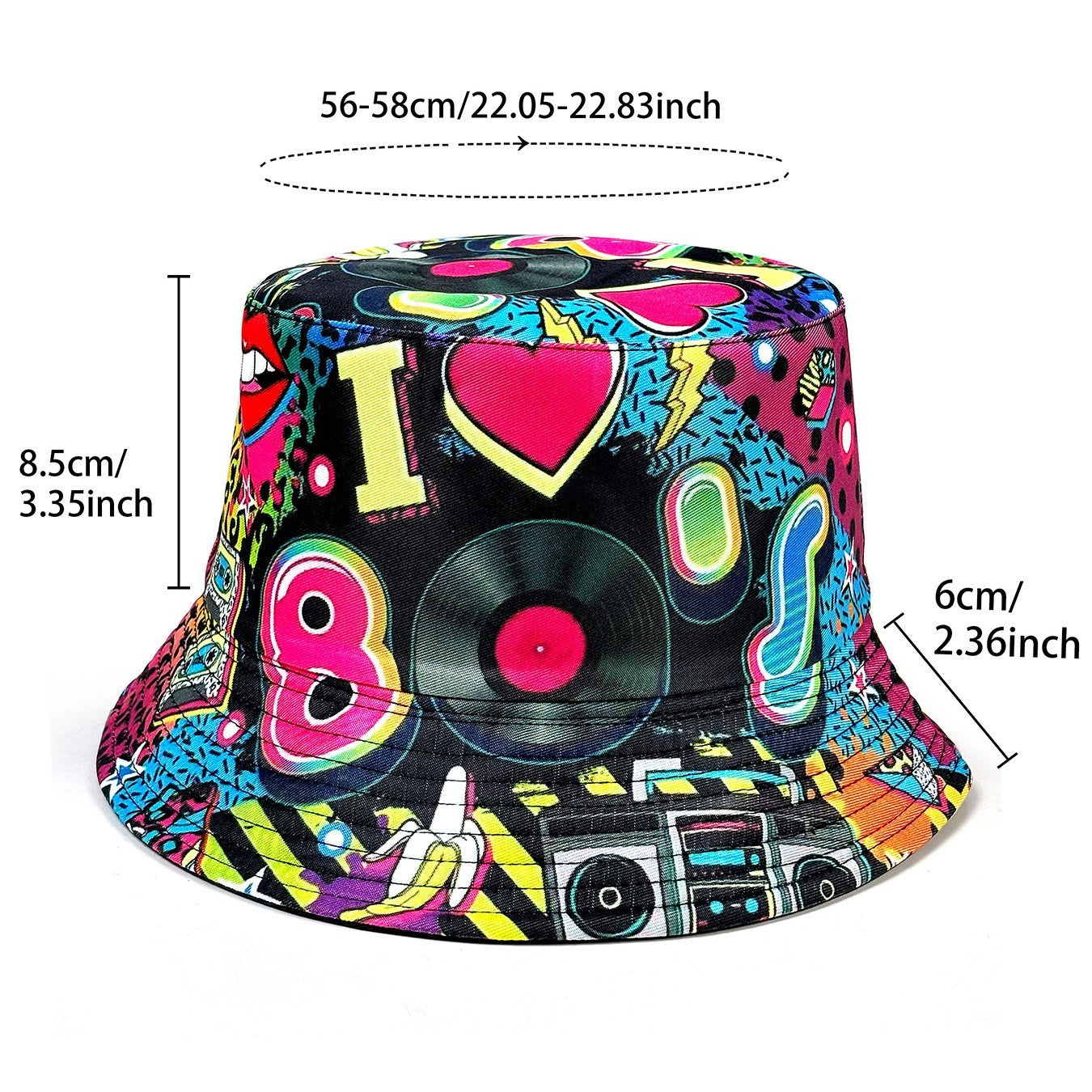 Retro 80s Reversible Bucket Hat Neon Pop Art Festival Sun Cap Black I Heart 80s