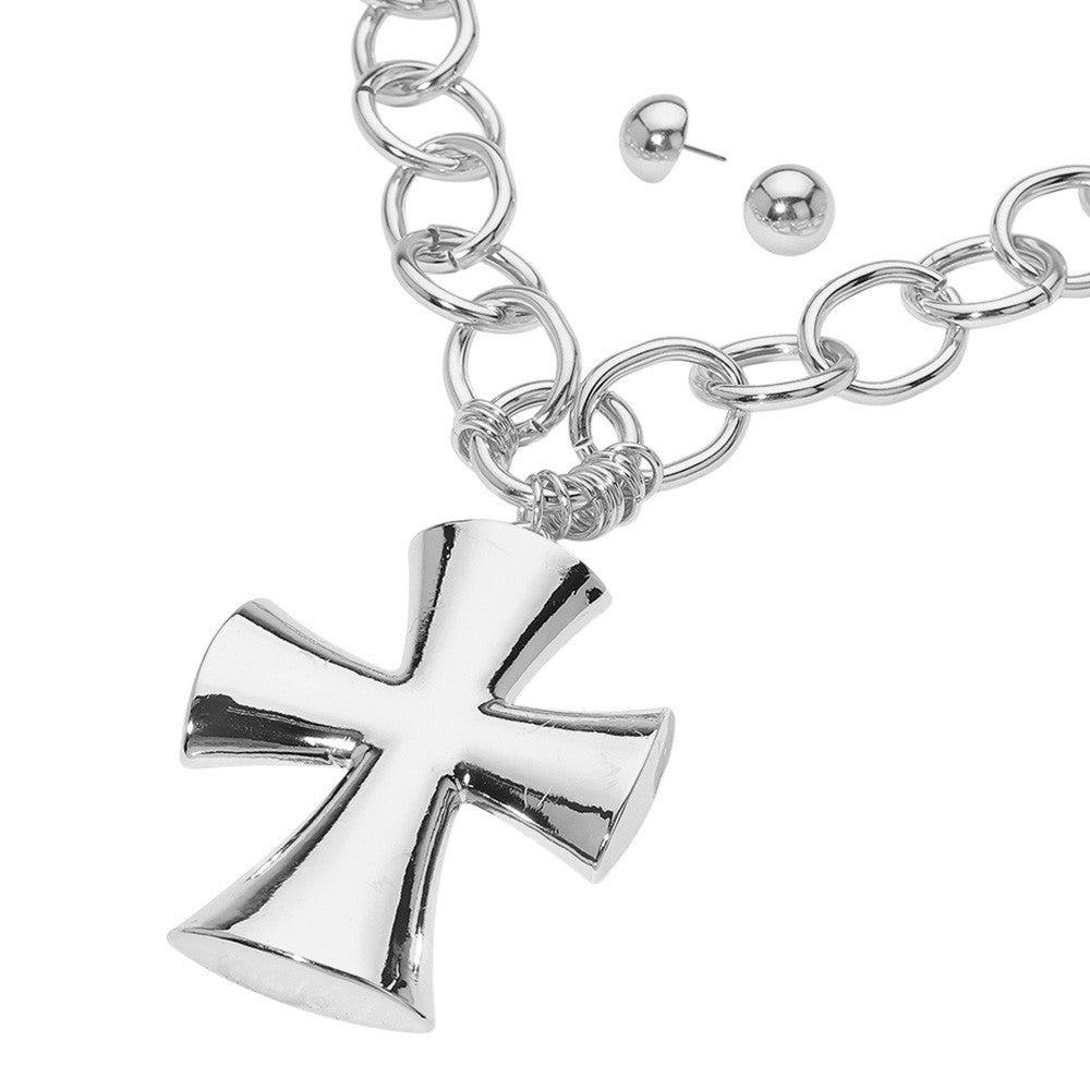 Chunky Metal Rhodium Matte Finish Cross Pendant Necklace with Stud Earrings