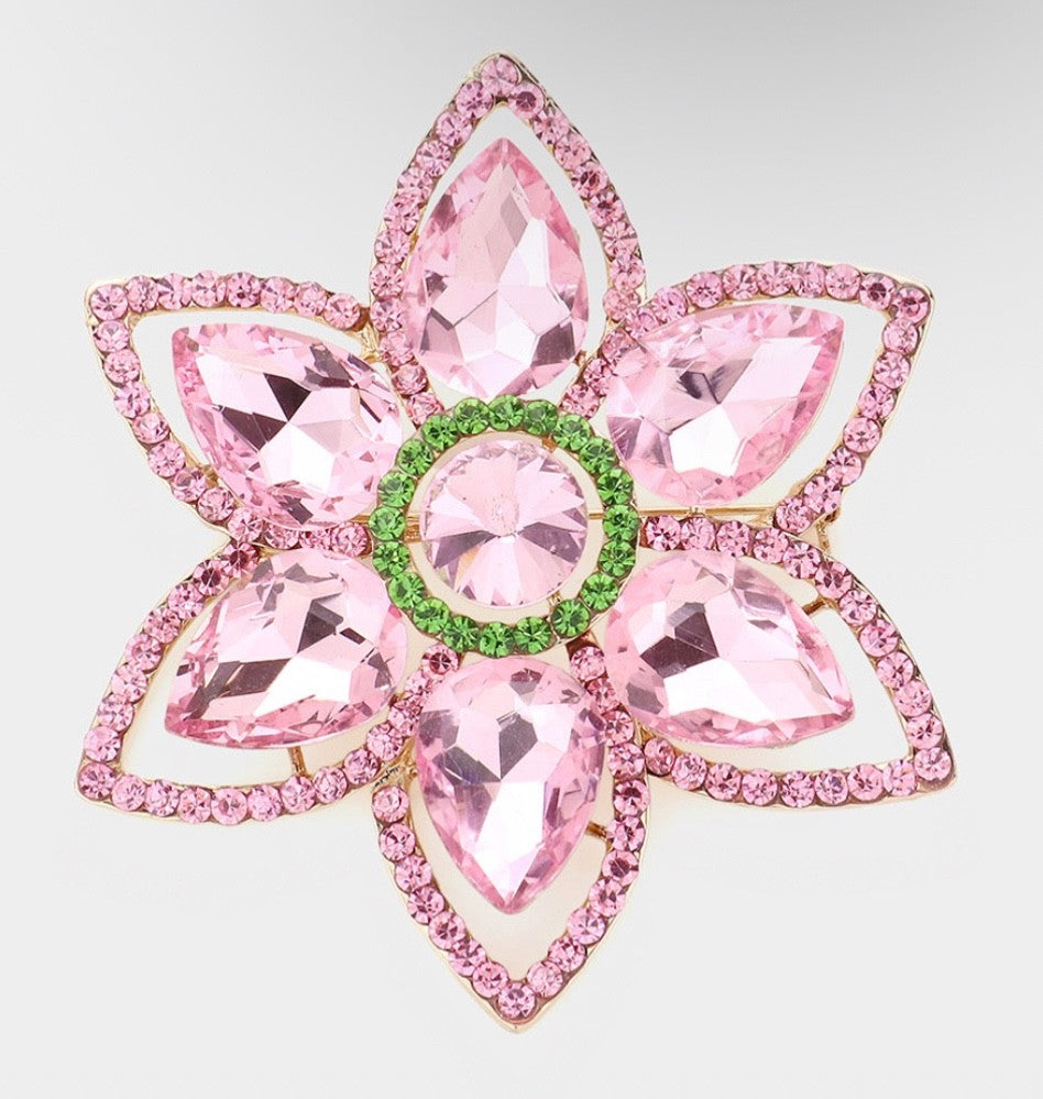 Pink Crystal Gold Flower Brooch Pin with Green Accents Fashion Jewelry