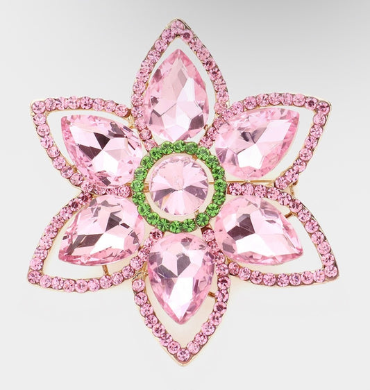 Pink Crystal Gold Flower Brooch Pin with Green Accents Fashion Jewelry