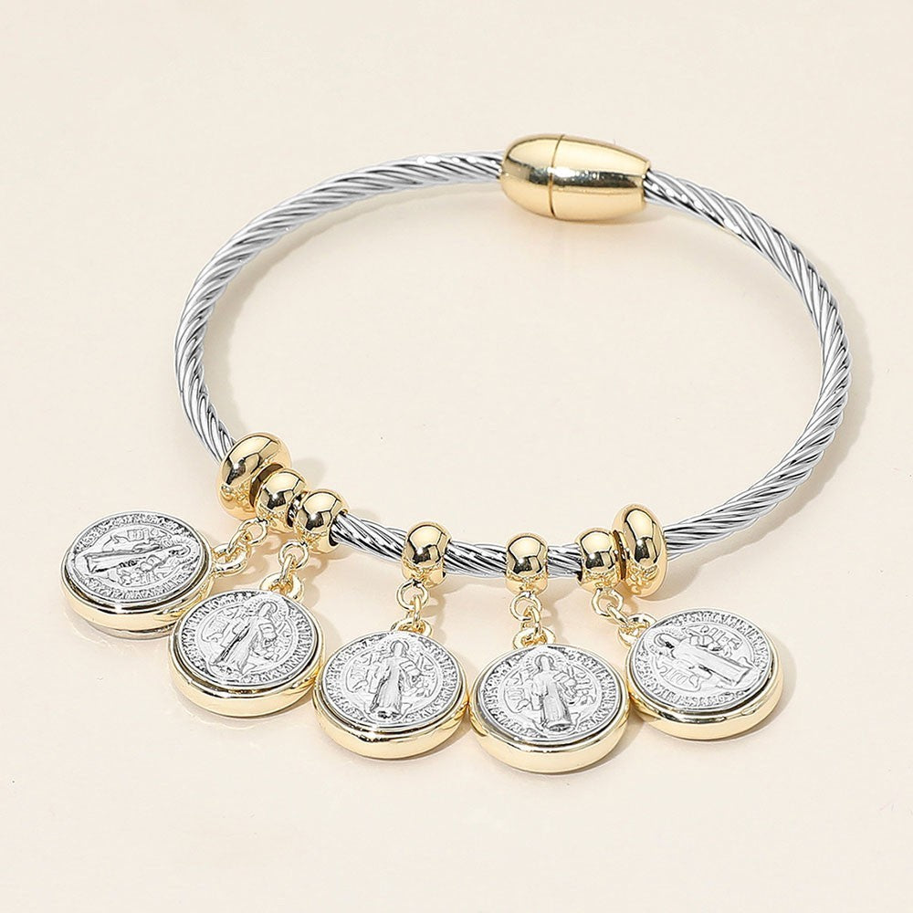 Religious Charm Bangle Bracelet Two-Tone Steel Cable Magnetic Closure