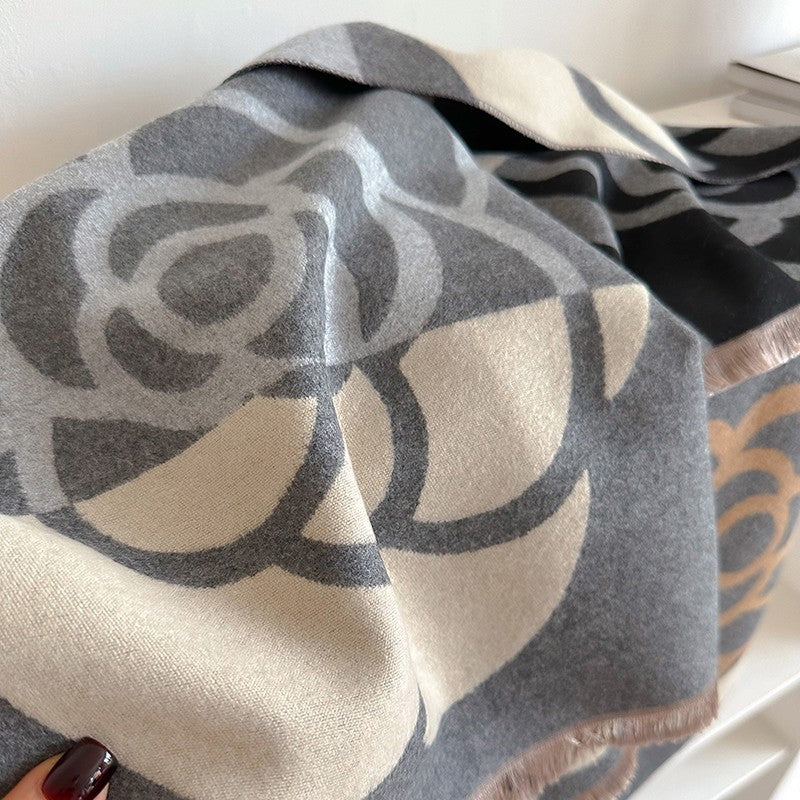 Black Gray Tan Oversized Camellia Floral Winter Blanket Scarf Shawl Wrap