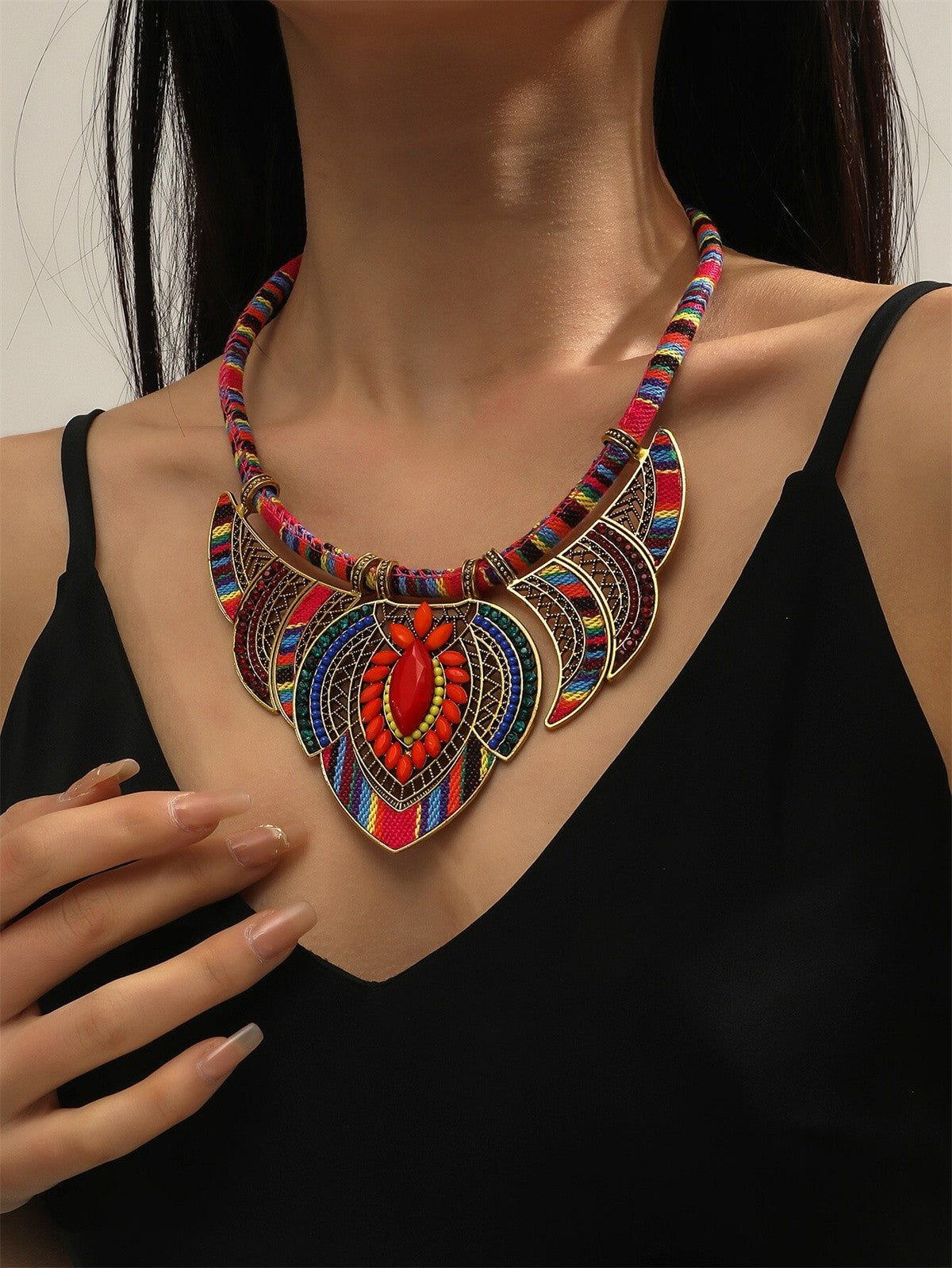 Chunky Bohemian Multi-Color Fabric Rope Bib Necklace Tribal Statement Jewelry