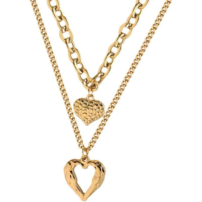 Gold Tone Layered Heart Necklace Ladies Jewelr | Chunky Chain Pendant for Women