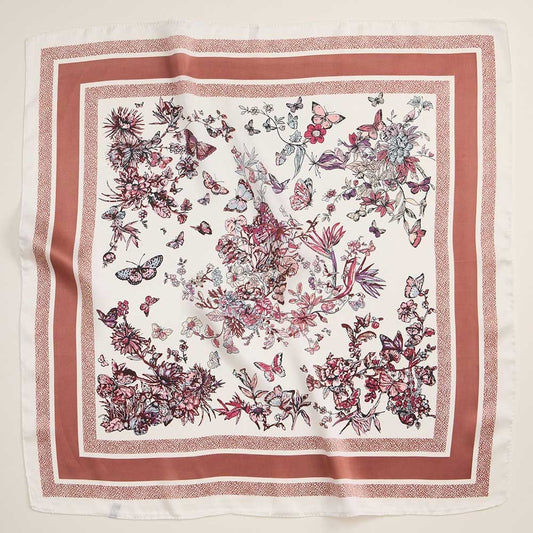 Pink Butterfly Flower Garden Print Square Silky Satin Scarf 25x25