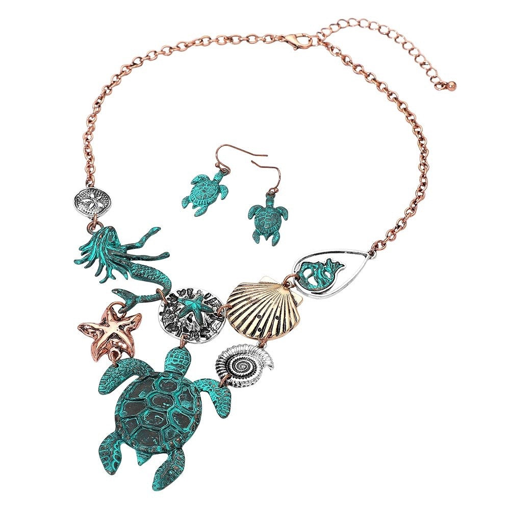 2pcs Nautical Sea Turtle Mermaid Charm Statement Necklace & Earrings Jewelry Set