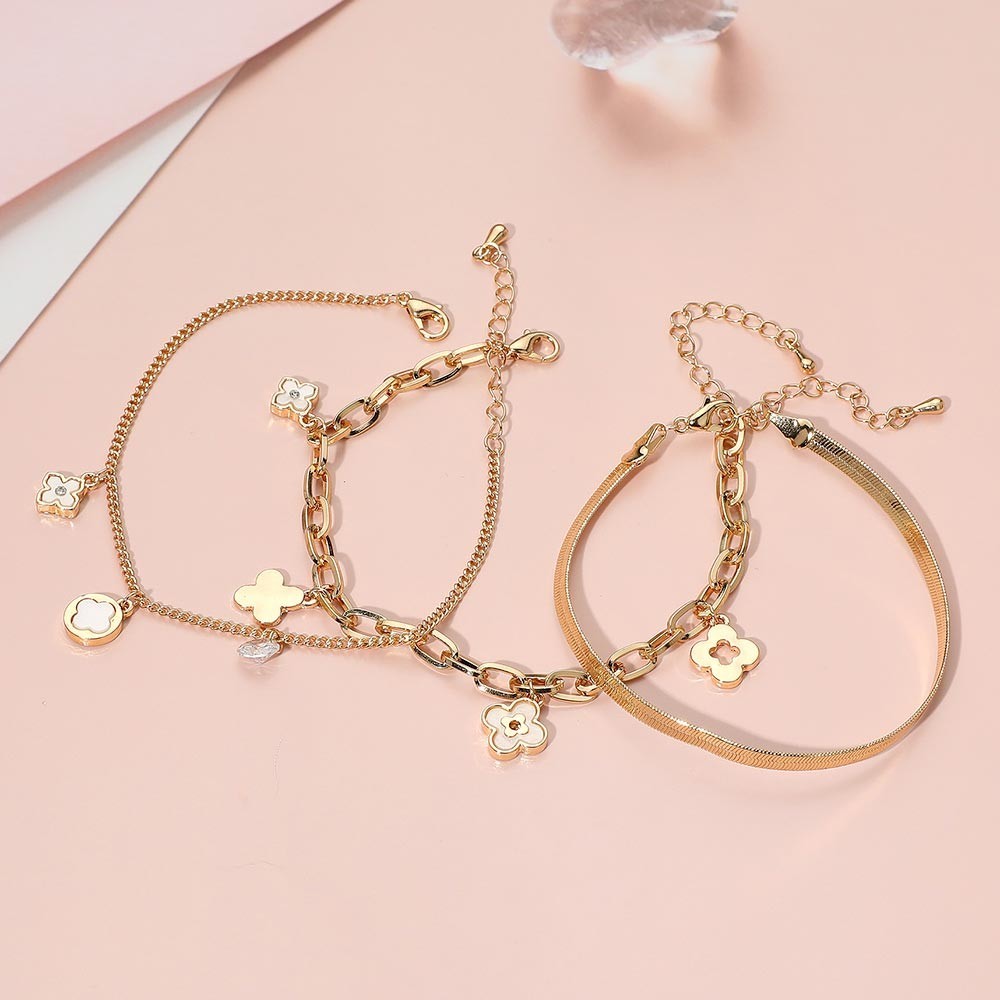 Gold Quatrefoil Charm Layered Bracelet Set 3PCS Snake Chain Link Women Jewelry