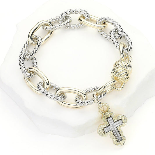 14K Gold Plated Two Tone CZ Cross Charm Chunky Magnetic Chain Bracelet for Women