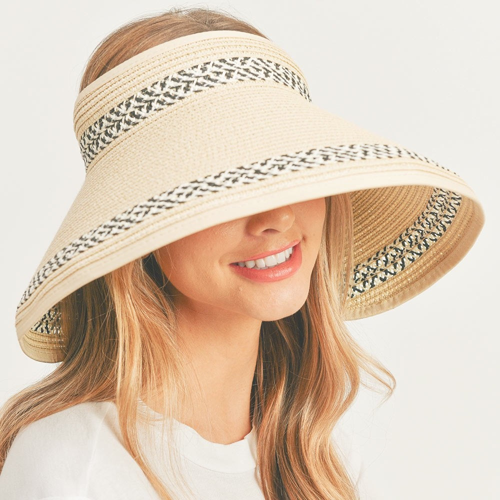 Tan Woven  Paper Straw Wide Brim Sun Visor Hat with Large Back Bow - One Size