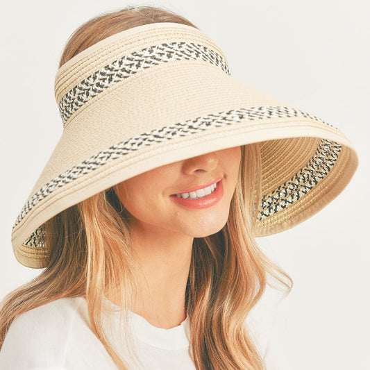 Tan Woven  Paper Straw Wide Brim Sun Visor Hat with Large Back Bow - One Size