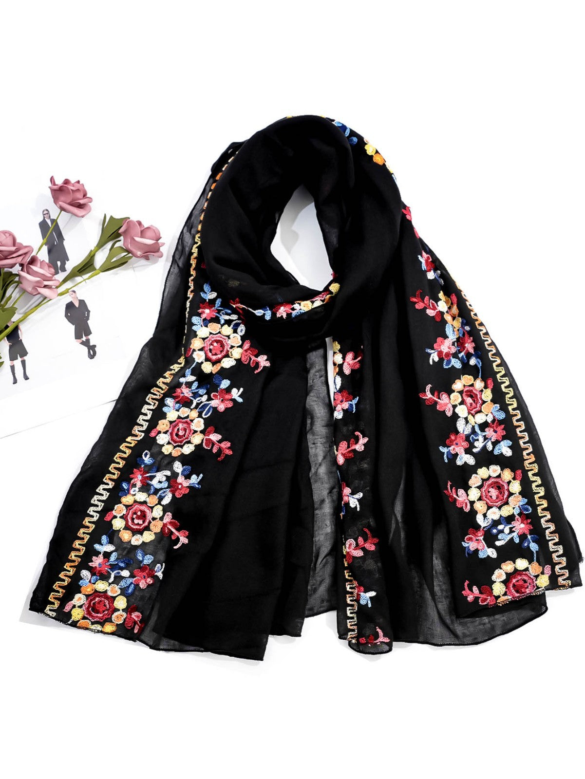 2Pcs Black Embroidered Floral Shawl Wrap Scarf Set Oversize Lightweight Sheer
