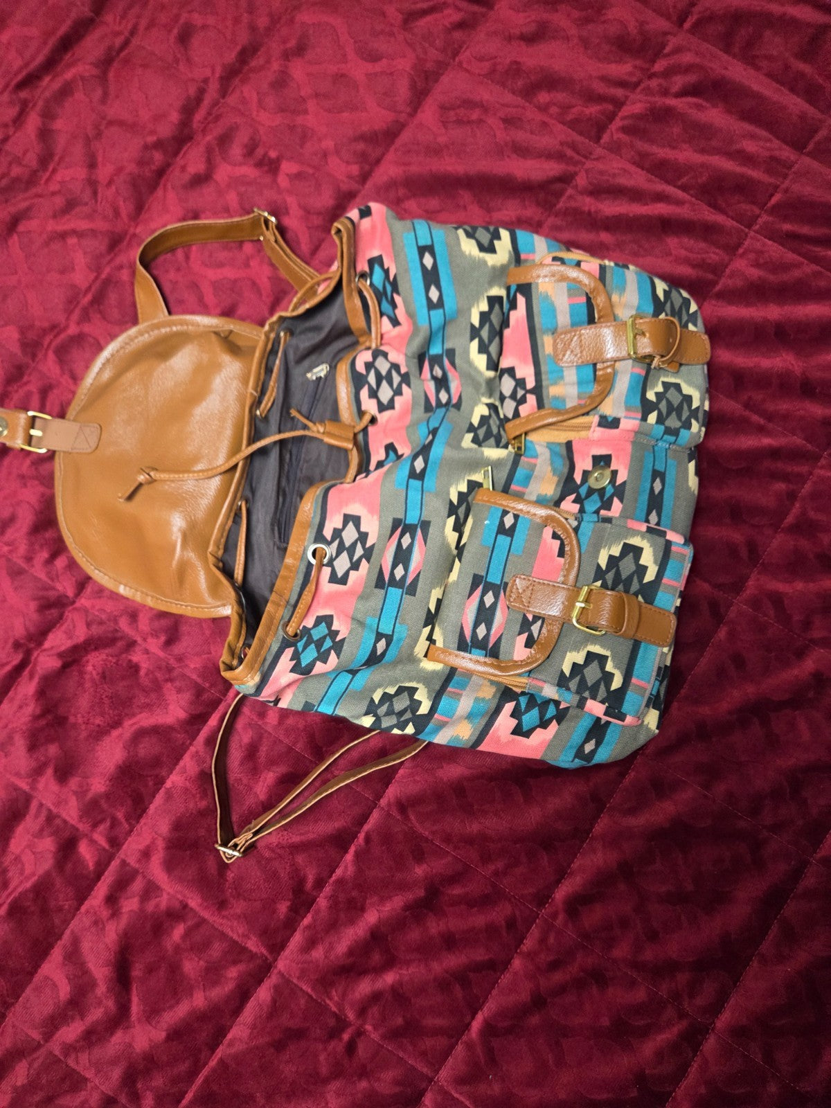 Boho Aztec Print Backpack for Women with Drawstring Top and Snap Front Closure