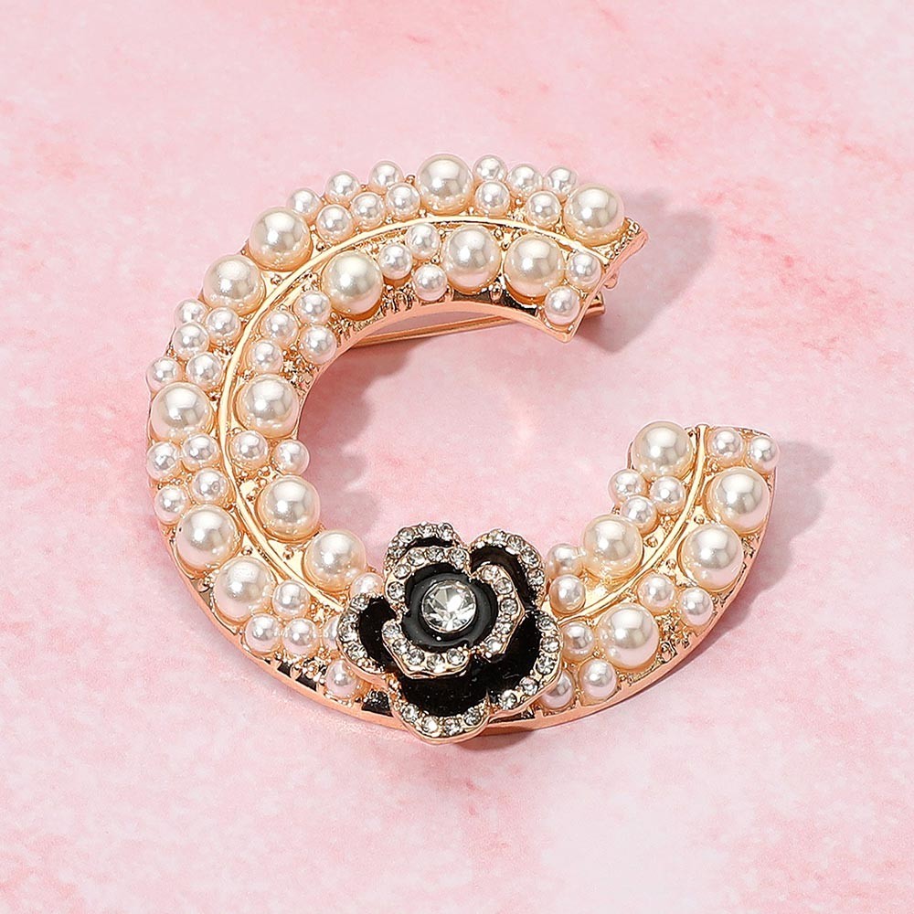 Rose Gold C Letter Brooch Pin Faux Pearl Crystal Flower Accent Vintage Style