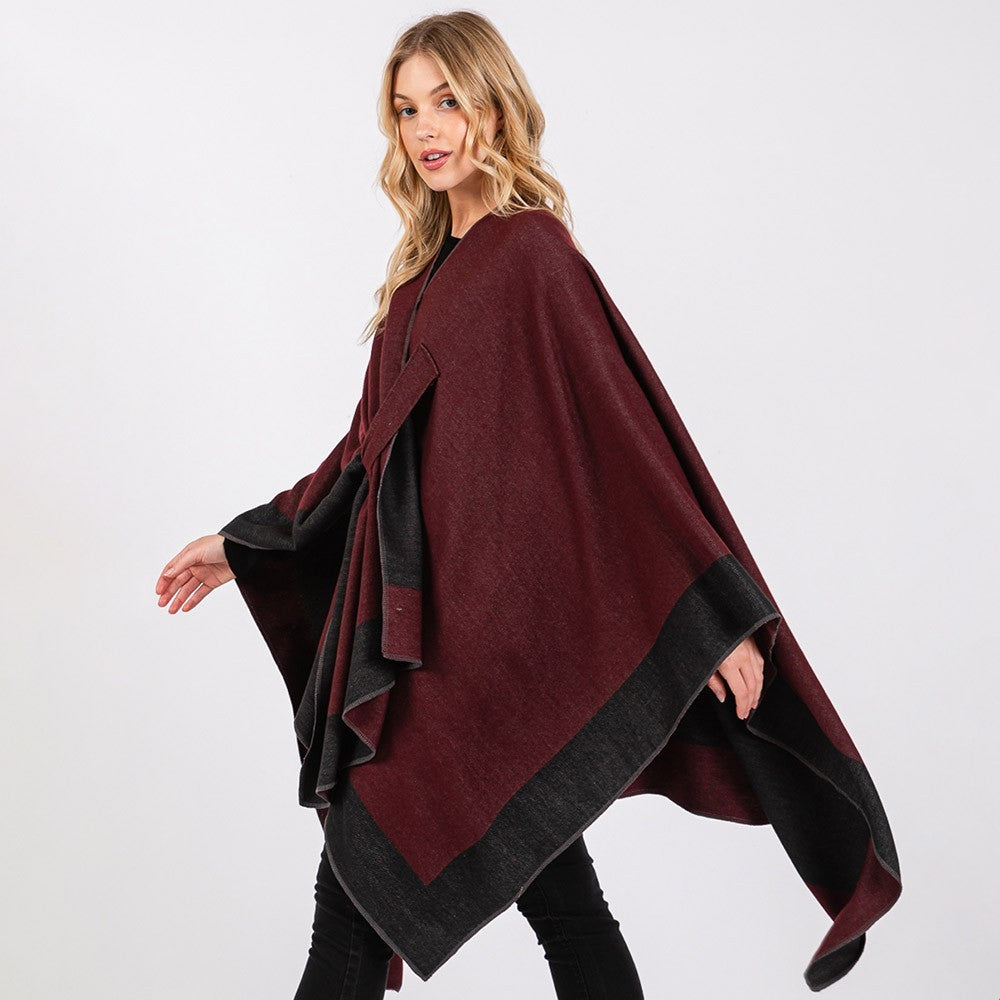 Two Tone Ruana Poncho Shawl Women’s Pull Through Layered Cape Wrap Polyester