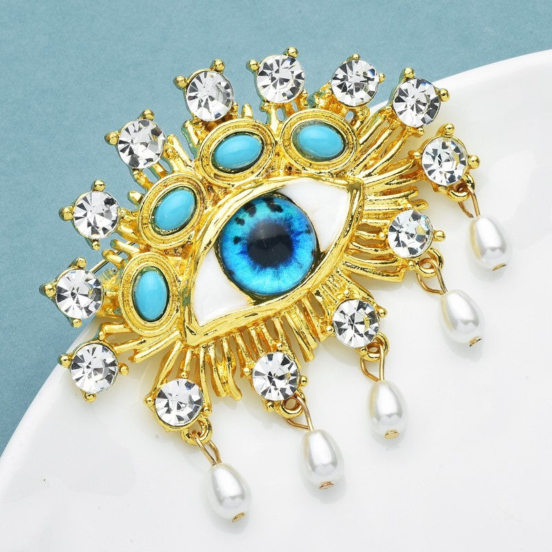 2pcs Evil Eye Crystal Brooch Pins Statement Rhinestone Pearl Eye Jewelry