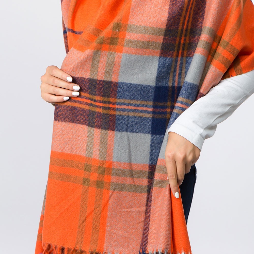 Faux Fur Pom Pom Plaid Scarf with Tassels Winter Warm Cozy Wrap for Women