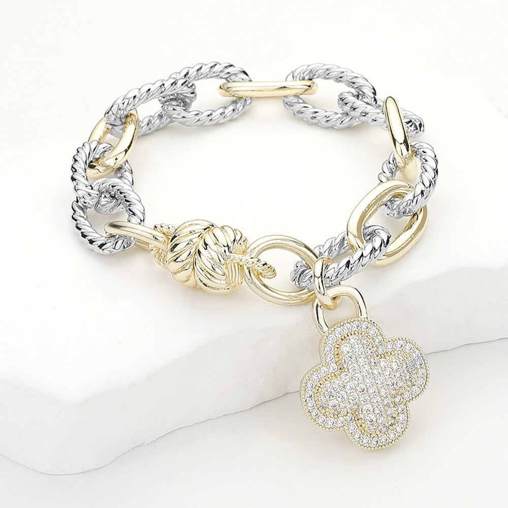 14K Gold Plated Two Tone CZ Bling Cross Charm Chunky Magnetic Chain Bracelet