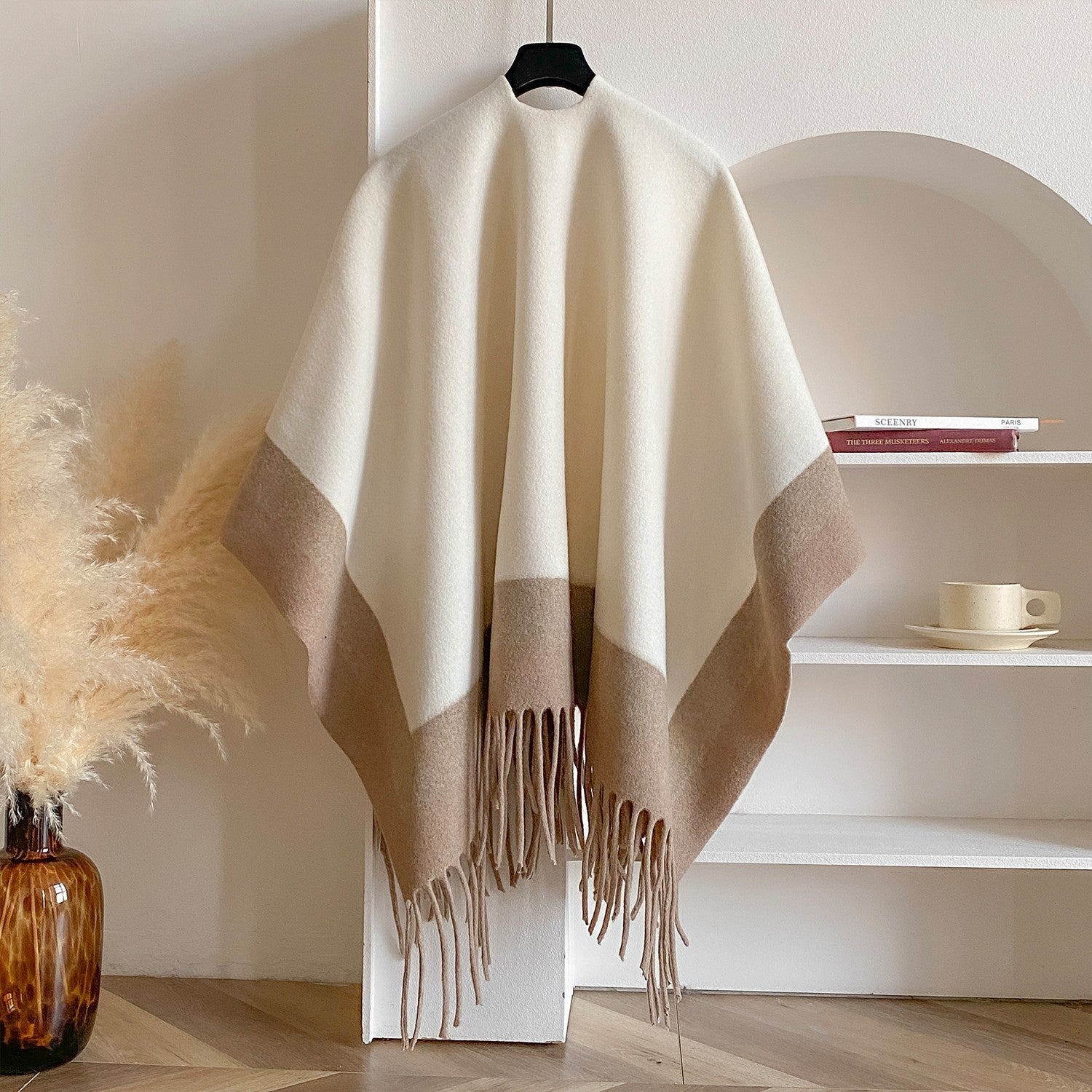Women's Two Tone Fringe Poncho Cape Wrap Shawl Cardigan Winter Coat Oversized