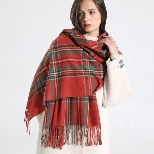 Women's Red Plaid Scarf Oversized Tartan Winter Wrap Tassel Shawl