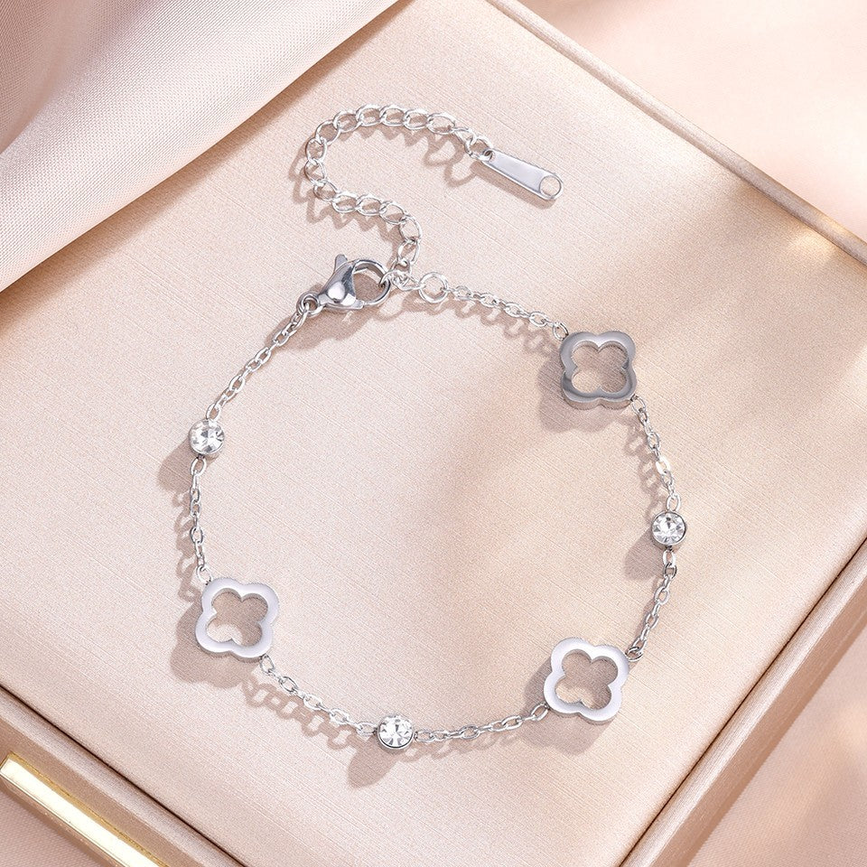 2PC Clover Charm Bracelet Set Gold & Silver Tone Stainless Steel Dainty CZ Gift