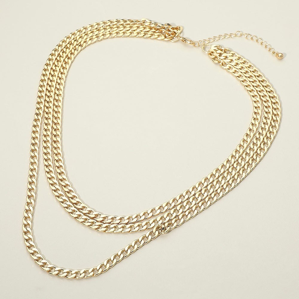 Triple Row Gold Tone Curb Chain Necklace - Layered Fashion Jewelry