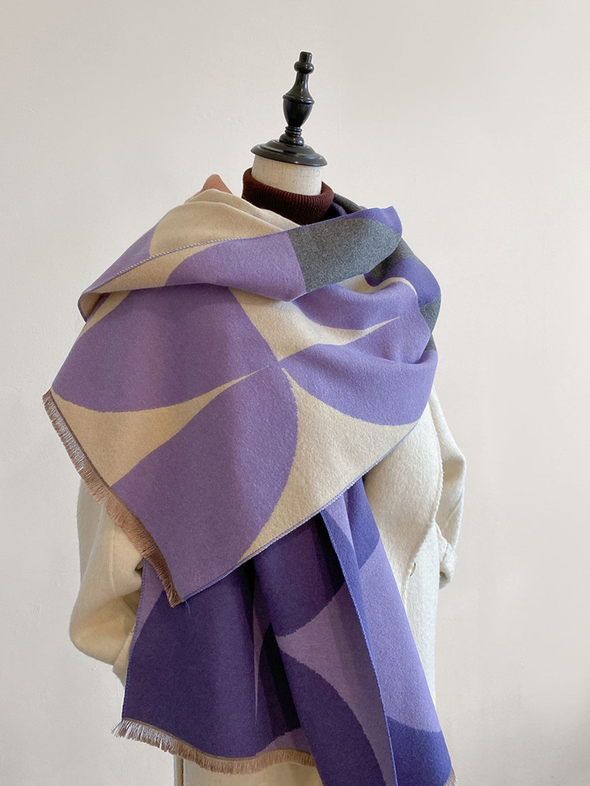 Geometric Pattern Oversized Cashmere Feel Shawl Wrap Purple Beige
