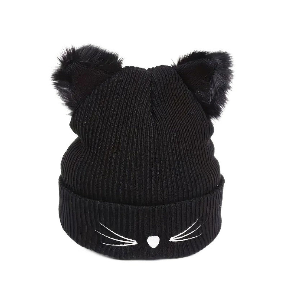 3pcs Women Cat Ear Beanie Hat Set Knit Skull Cap Winter Warm Faux Fur Pom Pom