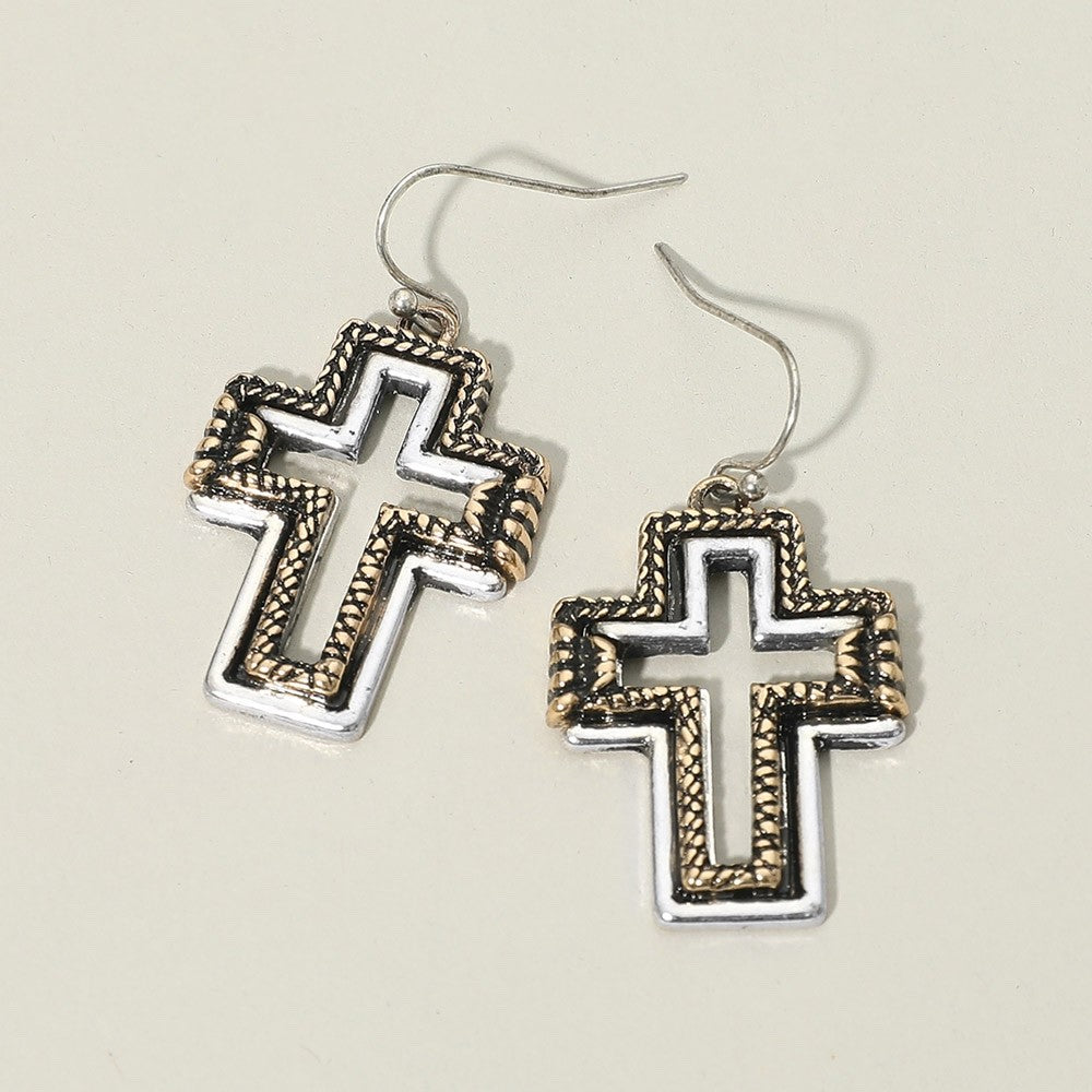 Vintage Western Two-Tone Braided Open Cross Dangle Earrings Silver & Gold