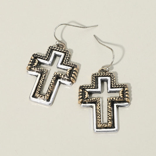Vintage Western Two-Tone Braided Open Cross Dangle Earrings Silver & Gold