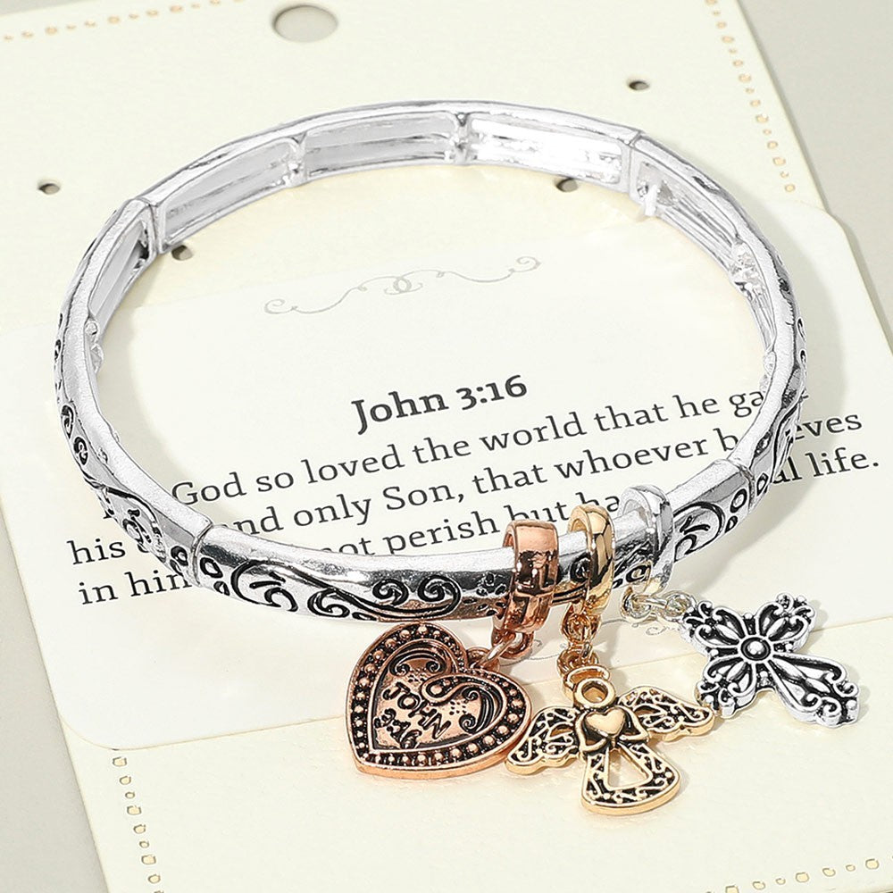 John 3:16 Stretch Bracelet Silver Tone Heart Angel Cross Charms Christian Gift
